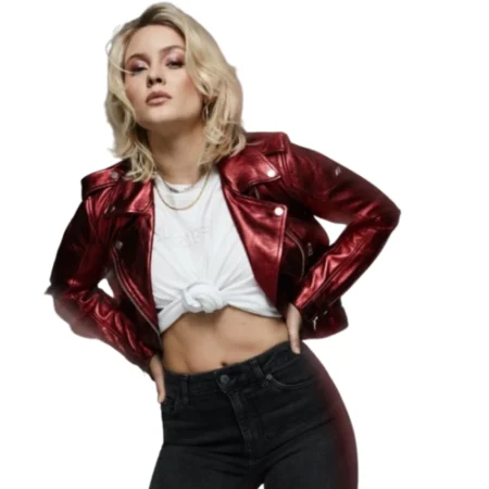 Zara Larsson Red Metallic Faux Leather Jacket