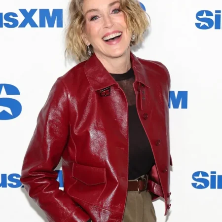 Get Sharon Stone SiriusXM Red Leather Jacket