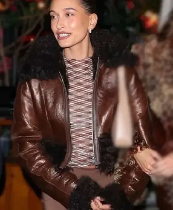 Hailey Bieber Fur Leather Jacket