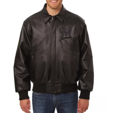 Milwaukee Brewers Shirt Collar Black Leather Varsity Jacket