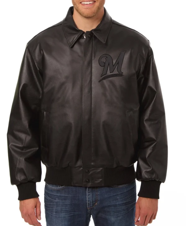 Milwaukee Brewers Shirt Collar Black Leather Varsity Jacket