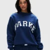 Parke Vintage Denim Varsity Mockneck Sweatshirt For Sale