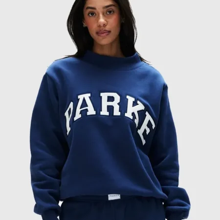 Parke Vintage Denim Varsity Mockneck Sweatshirt For Sale