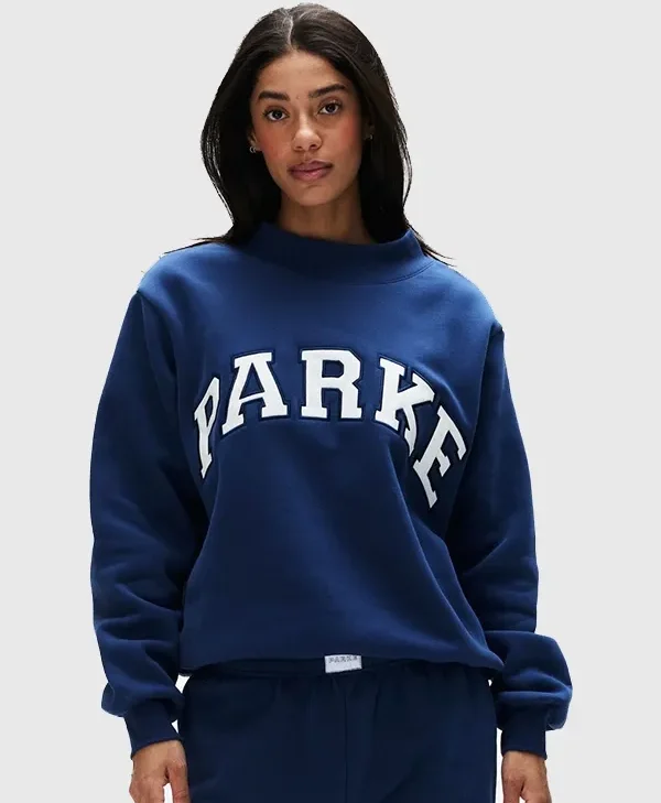 Parke Vintage Denim Varsity Mockneck Sweatshirt For Sale