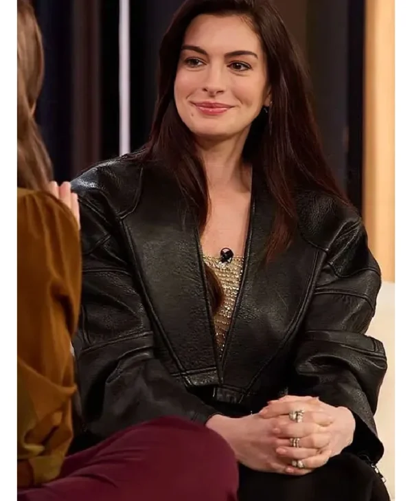 buy Anne Hathaway The Drew Barrymore Show Leather Jacket