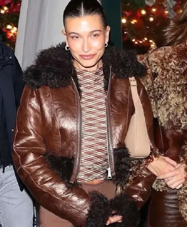 buy Hailey Bieber Fur Leather Jacket