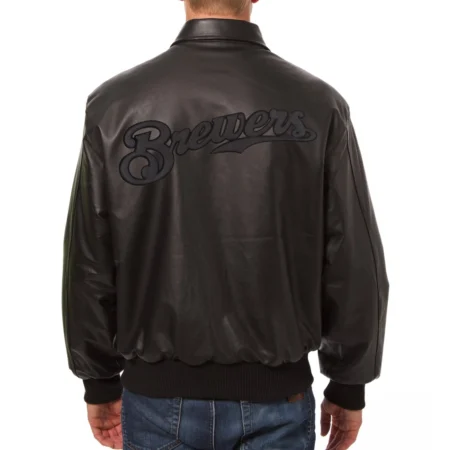buy Milwaukee Brewers Shirt Collar Black Leather Varsity Jacket