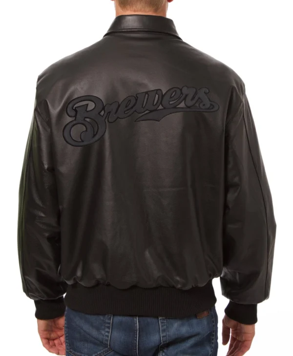 buy Milwaukee Brewers Shirt Collar Black Leather Varsity Jacket