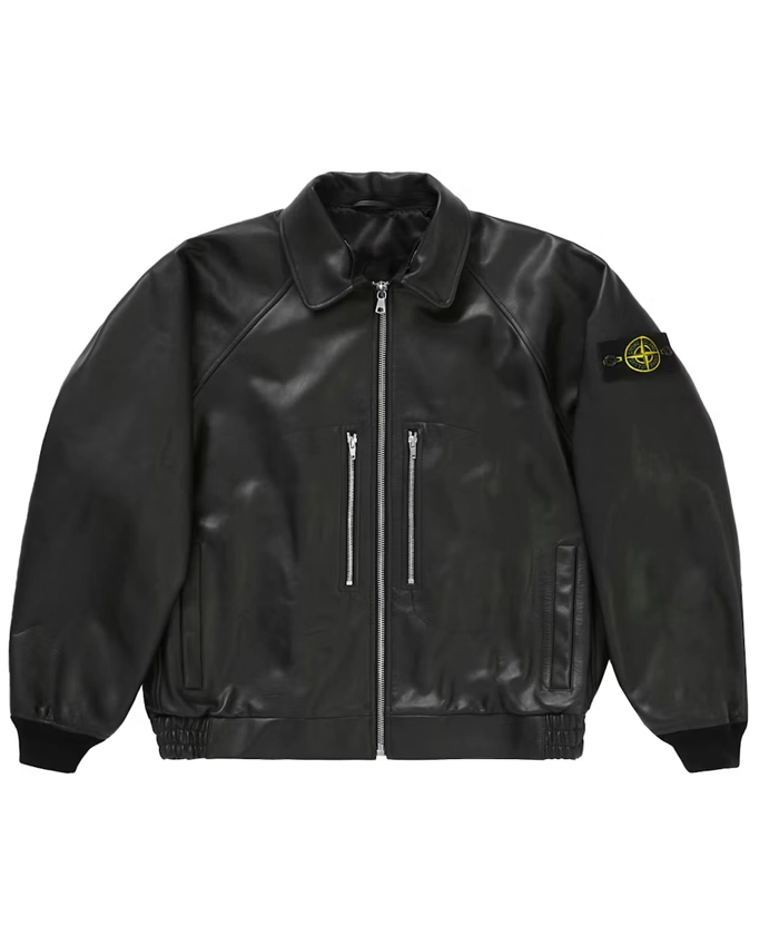 shop Supreme Stone Island Leather Bomber Jacket