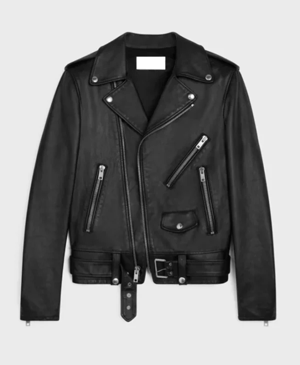Black Leather Biker Jacket For Mens With Asymmetrical Collar