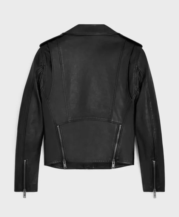 Black Leather Biker Jacket For Mens With Asymmetrical Collar For Sale