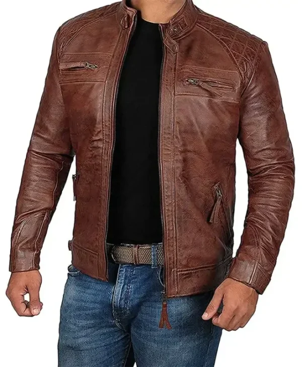 Janan Cafe Racer Distressed Brown Leather Jacket
