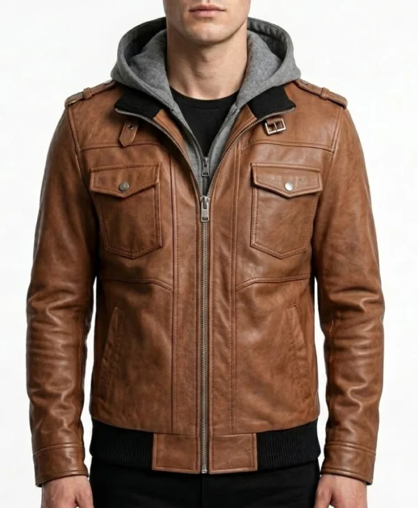 Men's Vintage Brown Leather Hooded Jacket