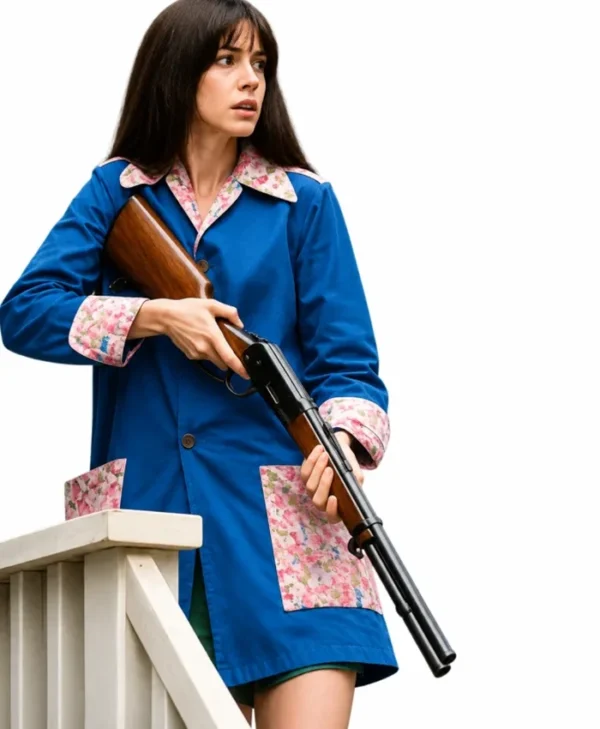 Anne Hathaway The End of Oak Street 2026 Blue Floral Coat