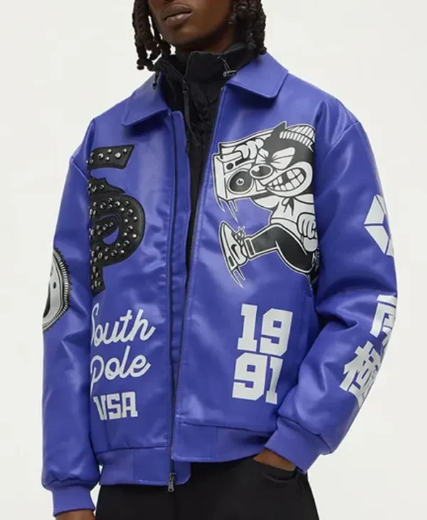 Southpole Midnight Riot Royal Leather Bomber Varsity Jacket