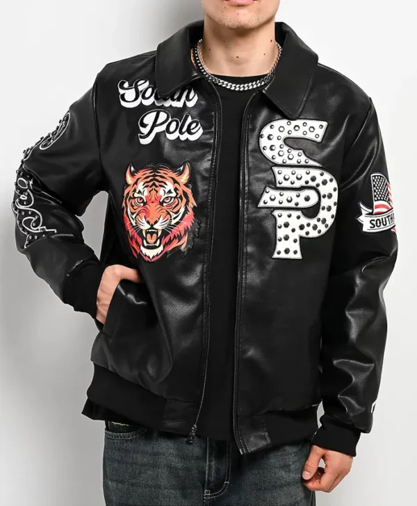 Southpole Stud Tiger Black Leather Bomber Jacket