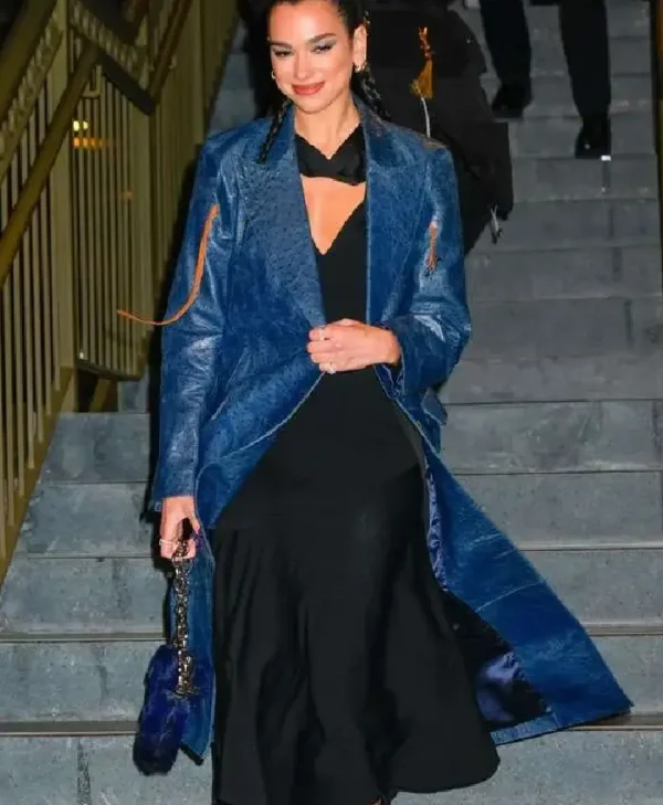 Dua-Lipa-Footwear-Blue-Leather-Trench-Coat.webp
